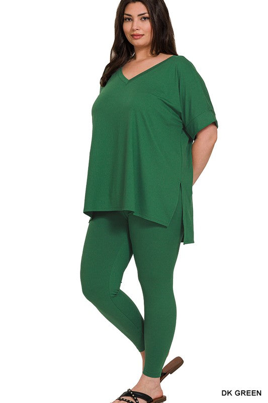 Dark Green Microfiber Round Neck Lounge Set