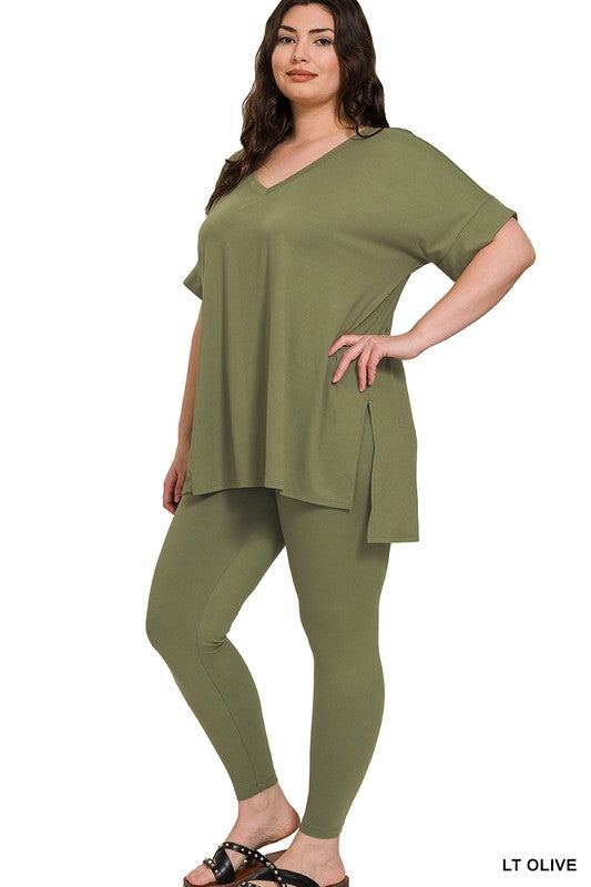 Olive Microfiber V- Neck Lounge Set