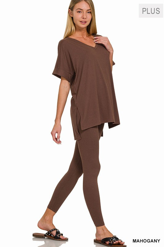 Mahogany Microfiber  V- Neck Loungewear Set