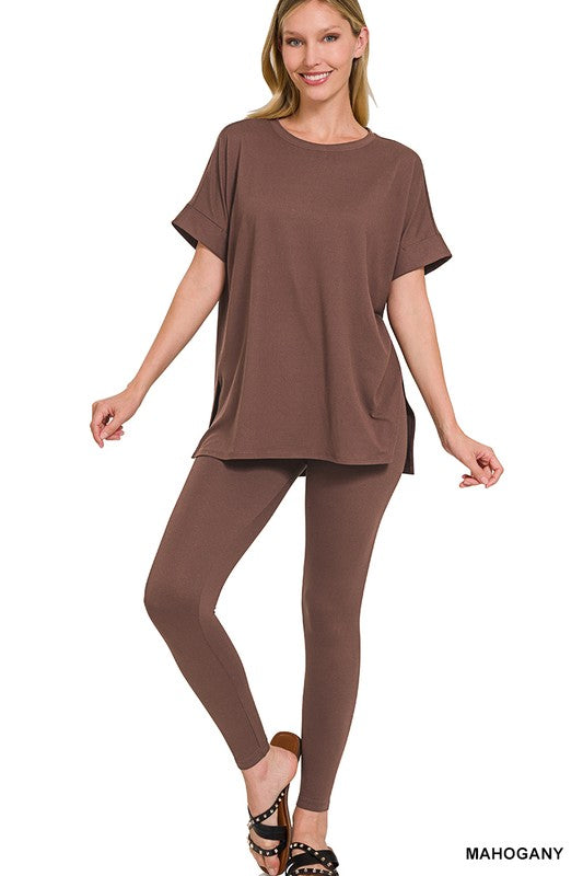 Mahogany Microfiber  V- Neck Loungewear Set