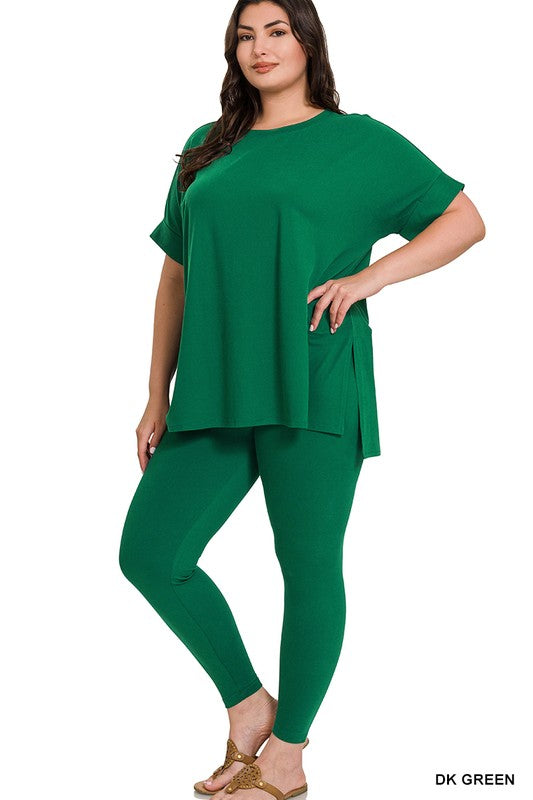 Dark Green Microfiber Round Neck Lounge Set