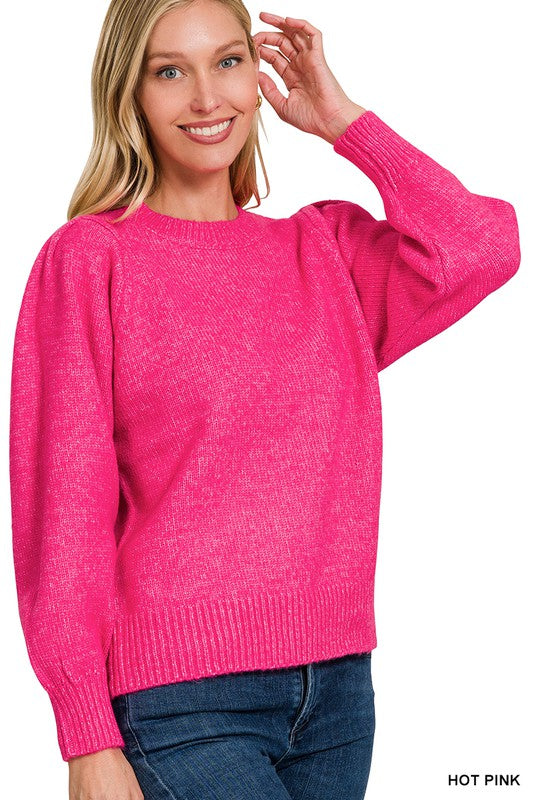 Puff Sleeve Round Neck Sweater Hot Pink