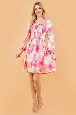 FLORAL PRINT LONG SLEEVE SMOCKED DRESS