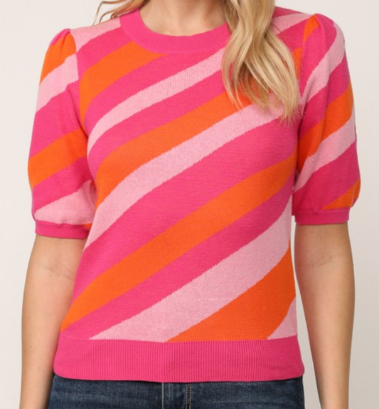 STRIPE SHORT PUFF SLEEVE SWEATER