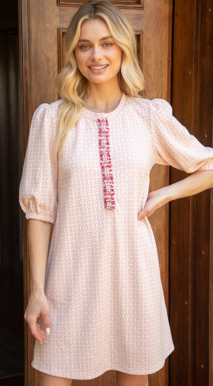 Pink Detailed Puff Sleeve Shift Dress