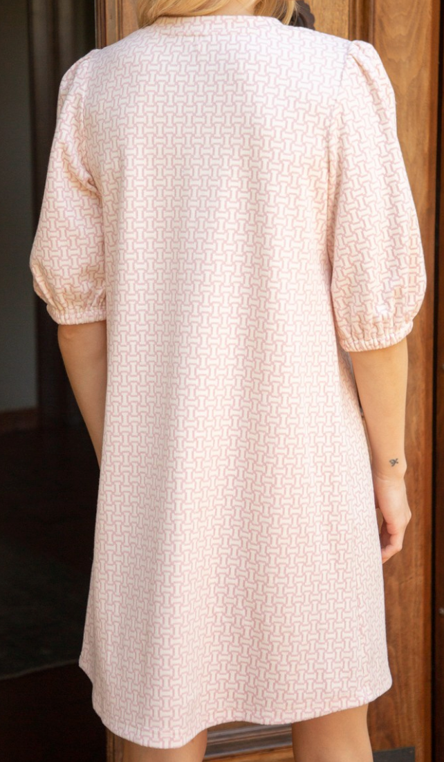 Pink Detailed Puff Sleeve Shift Dress