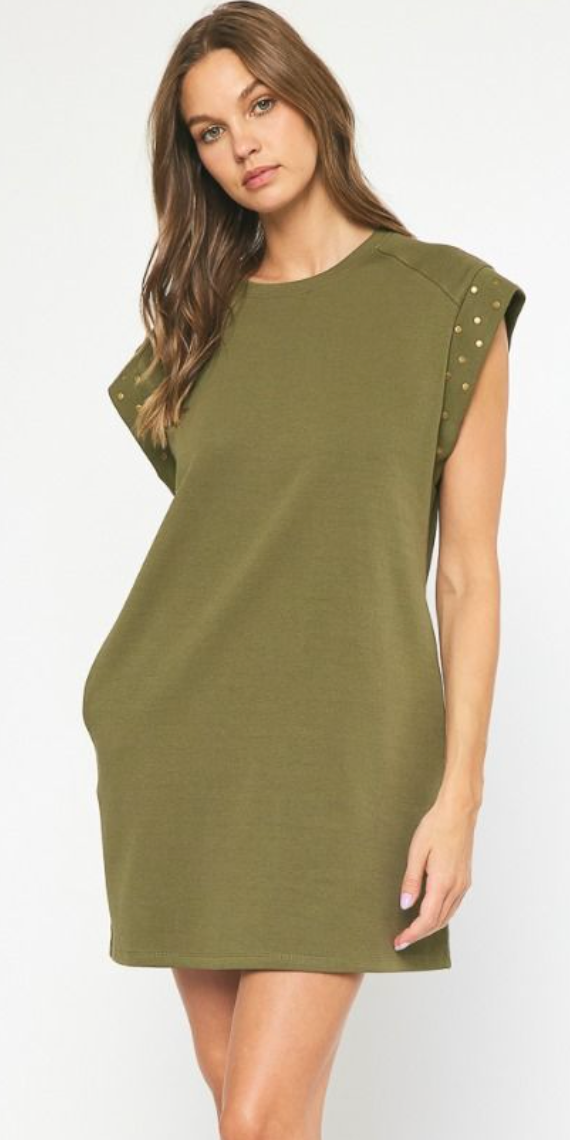 Olive Short Sleeve Stud Dress