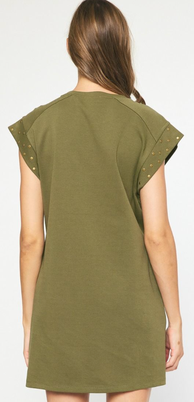 Olive Short Sleeve Stud Dress