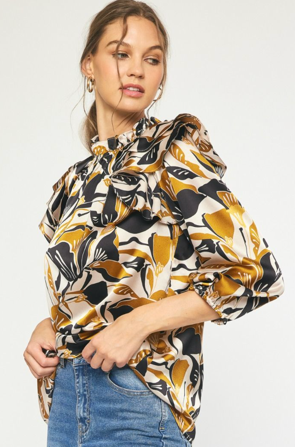 Satin Floral Print 3/4 Sleeve Top