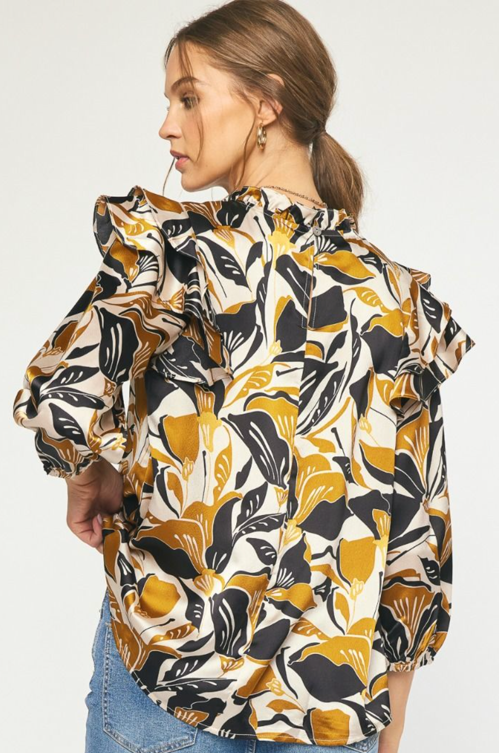 Satin Floral Print 3/4 Sleeve Top