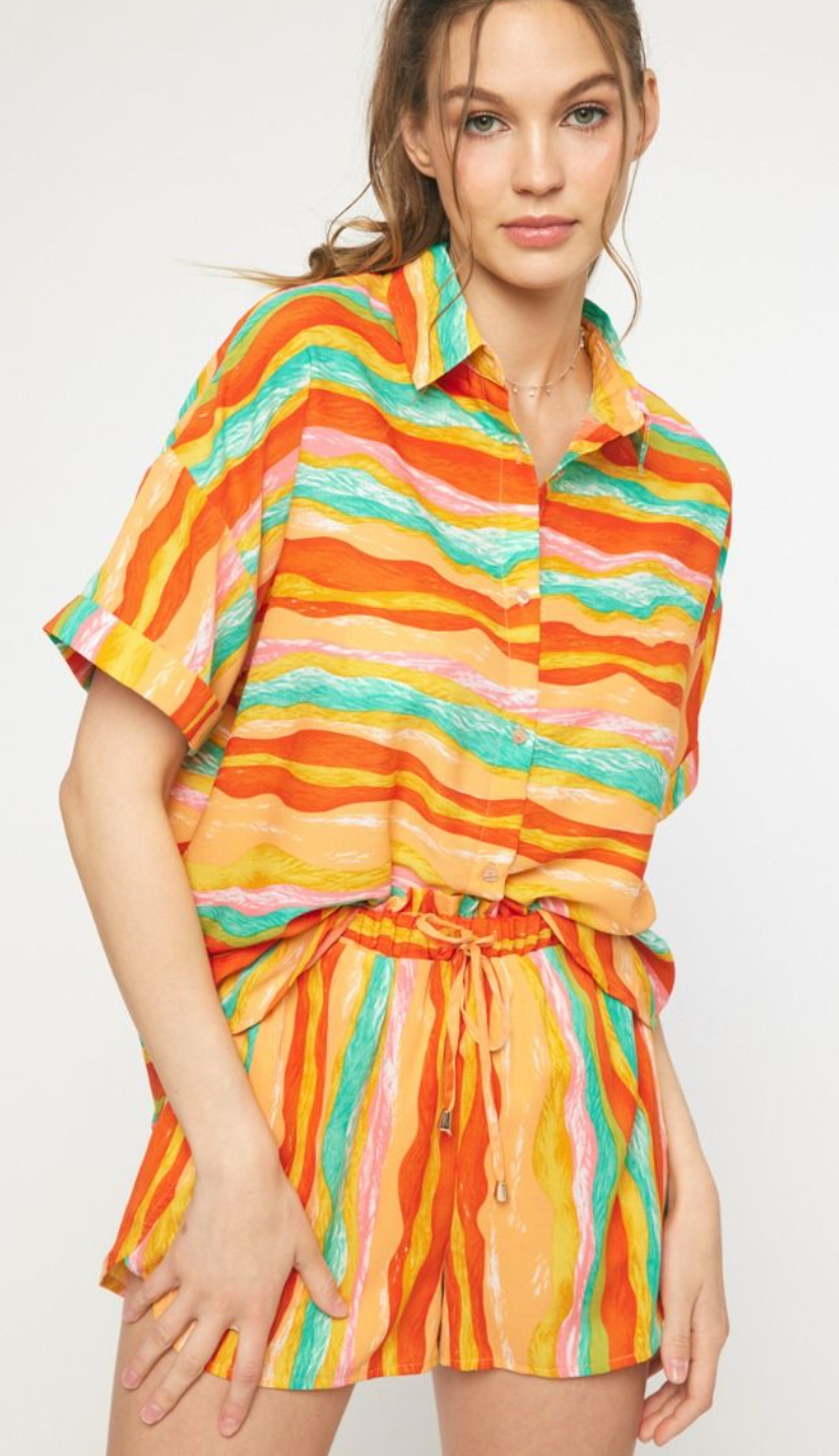 Multi Stripe Button Up Short Set