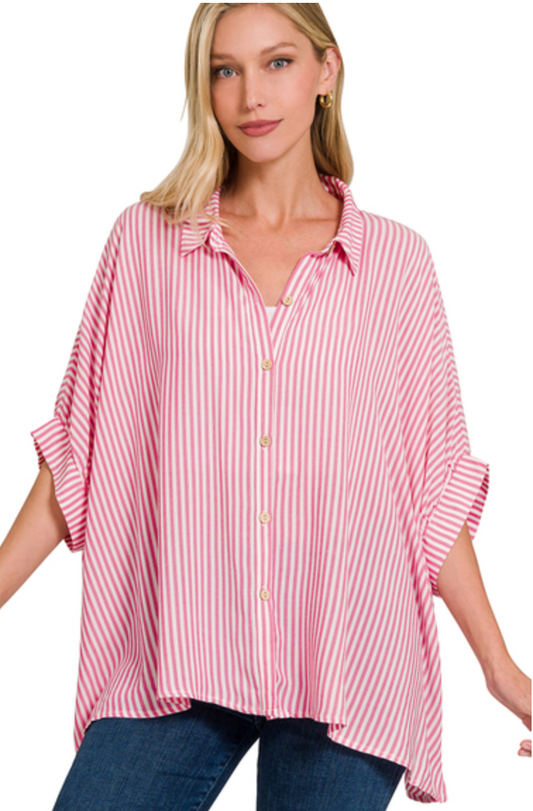 Pink Rayon Striped Short Sleeve Button Up Shirt