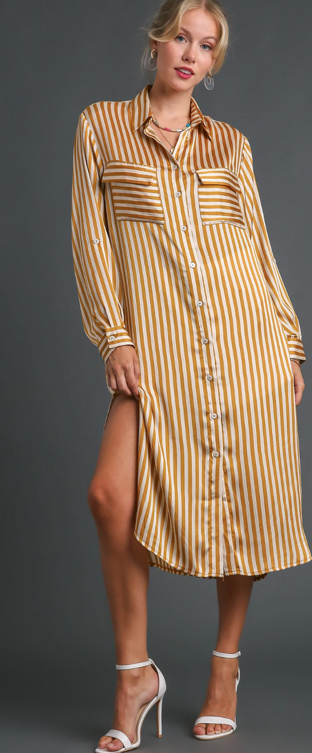 Mustard Striped Button Down Midi Dress