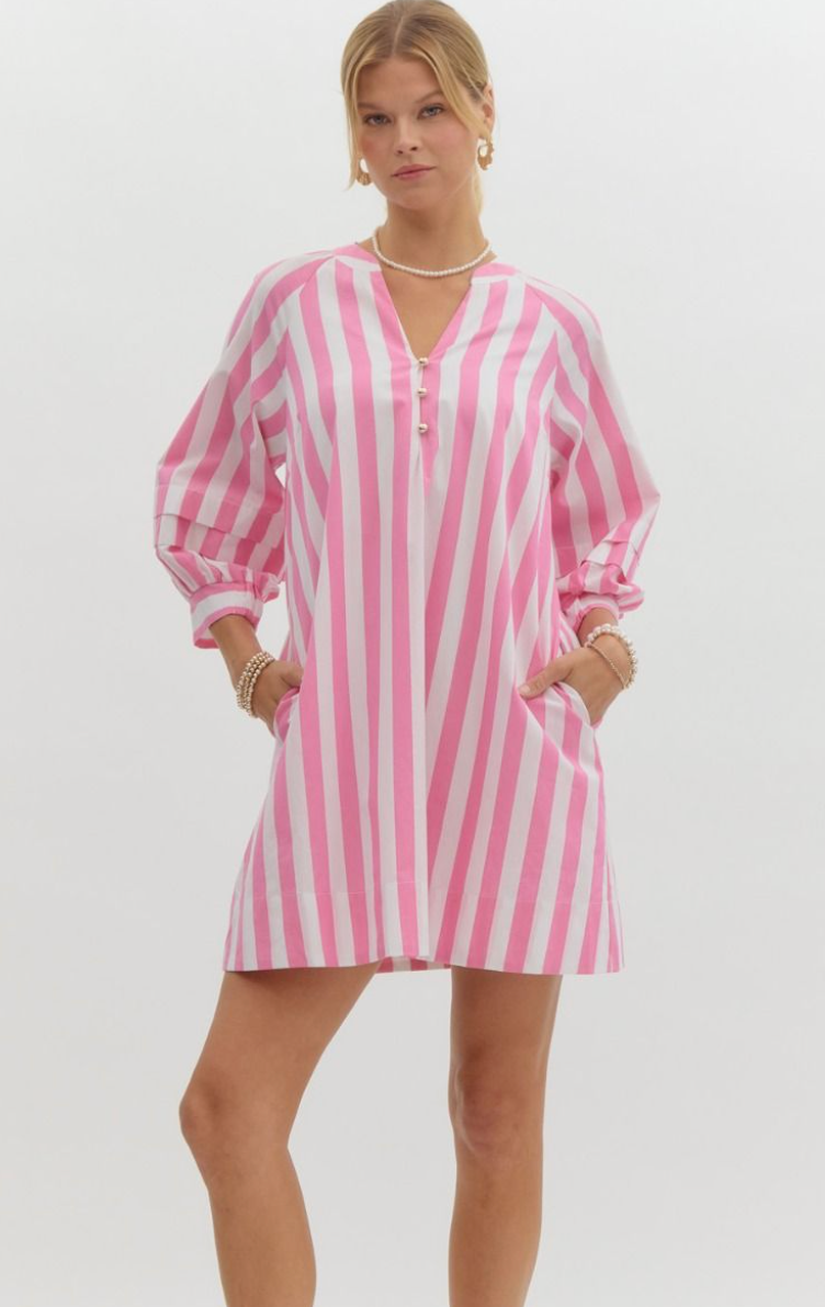 Pink Stripe 3/4 Sleeve Mini Dress