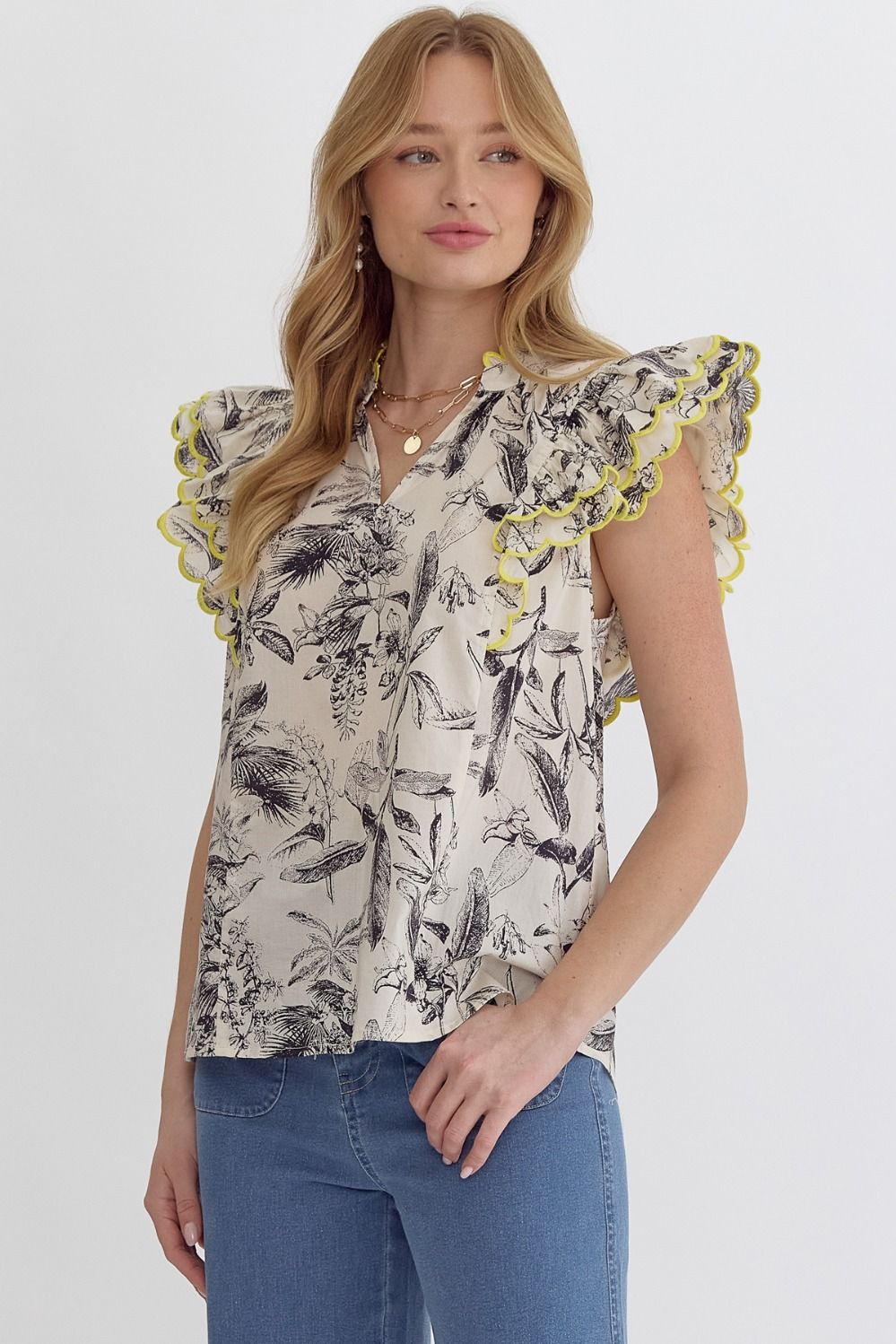 Black Yellow Leaf Print Top