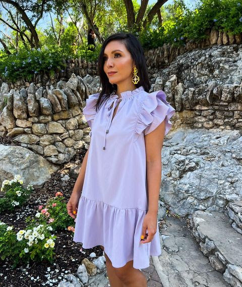 V-neck Ruffle Sleeve Tiered Mini Dress Lavender